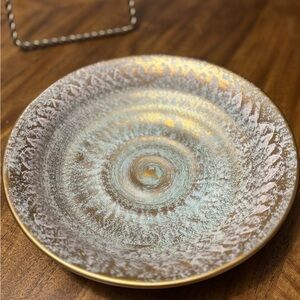 Vintage Stangl Pottery Trenton NJ Bowl w Metal Stand 3229-9 MCM Gold/Teal MCM